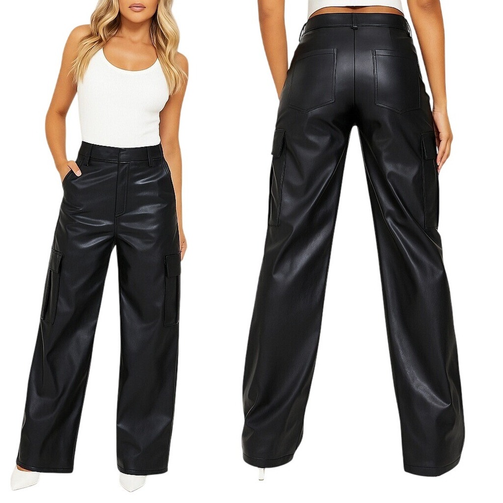 Imperial Faux Leather Cargo Pants Wide Leg Streetwear Black Size S‎
